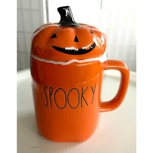 Rae Dunn Halloween Pumpkin Mug w/ Lid “Spooky” Jack-O-Lantern Orange Ceramic NEW
